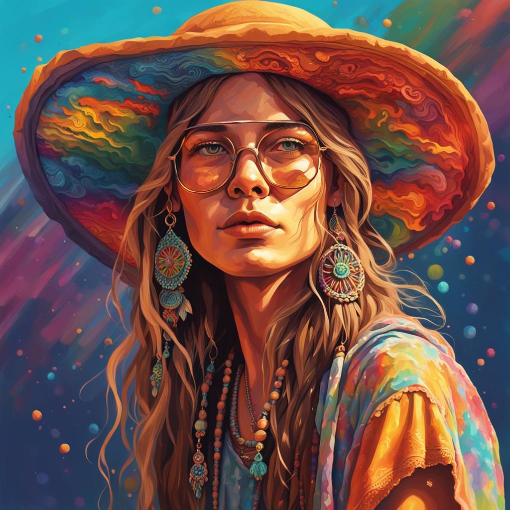 Hyperrealistic Hippie Woman Portrait with Colorful Accents