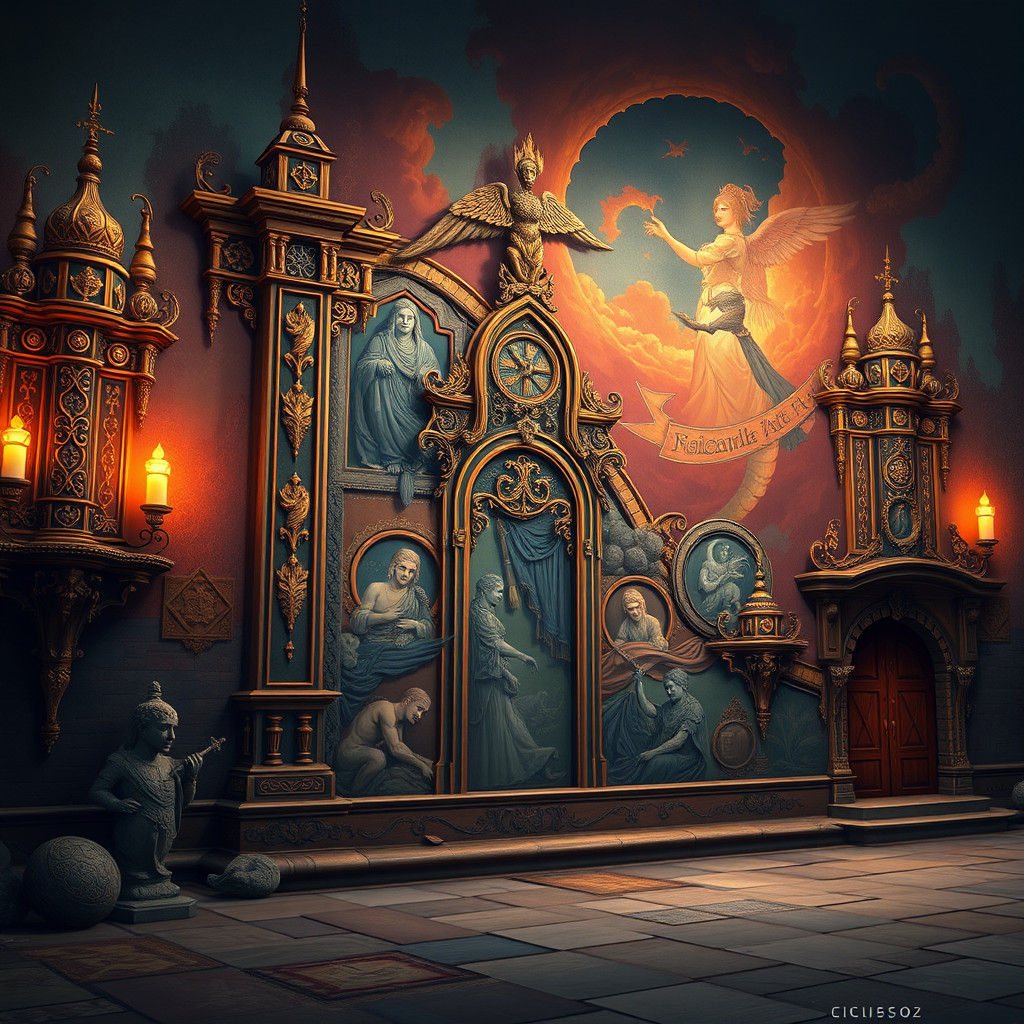 Ornate Fantasy Wall Painting in Matte Style