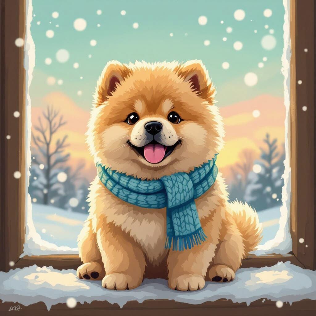Chow Chow Puppy with Blue Scarf Illustration