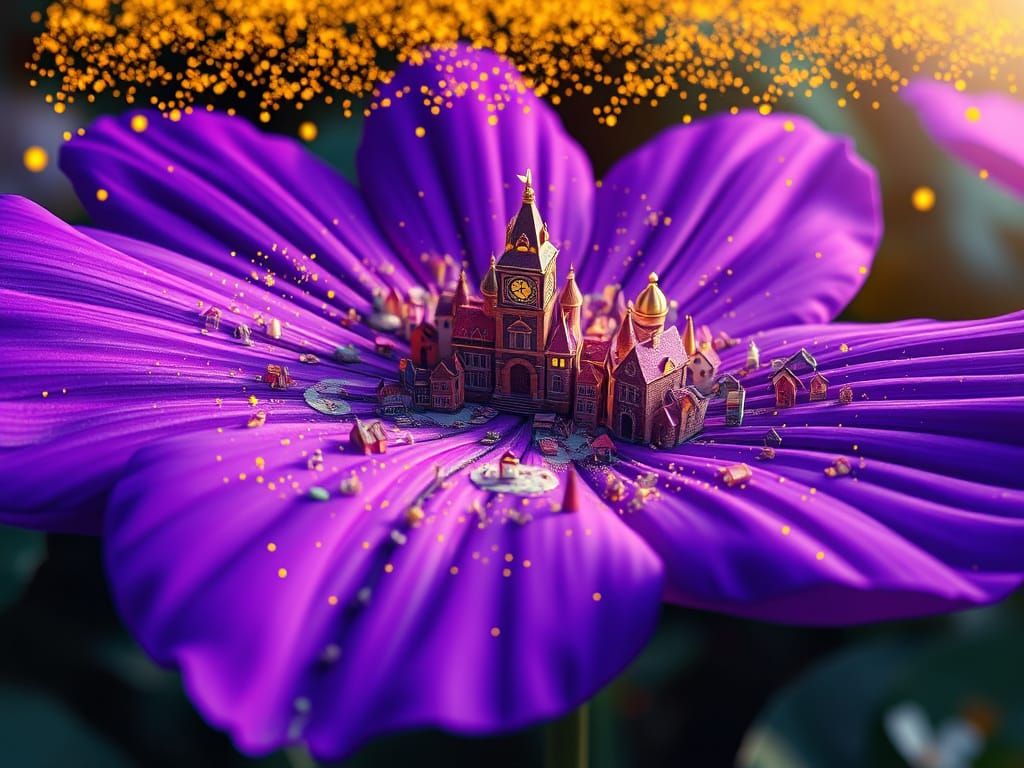 Whimsical Purple City Blooms Amidst Golden Radiance