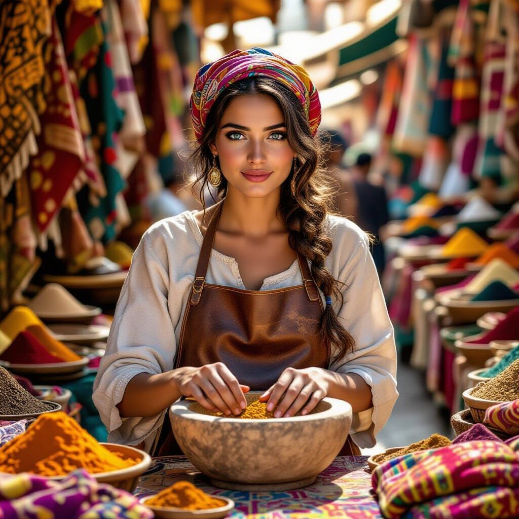 Berber Woman Grinding Spices in Moroccan Market, Art Deco St...