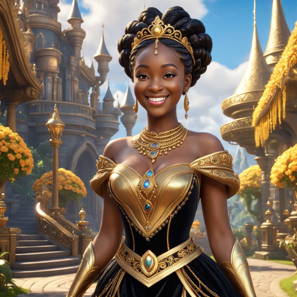 Smiling Black Princess in Ornate Golden Dress