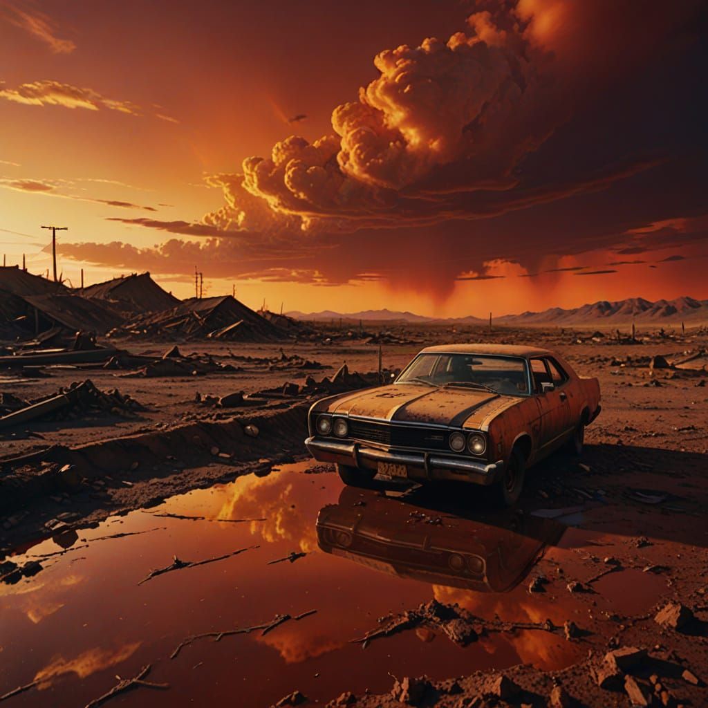 Cinematic film still. A vast, desolate wasteland under a menacing, blood-red sky. In the foreground, a massive, intricat...