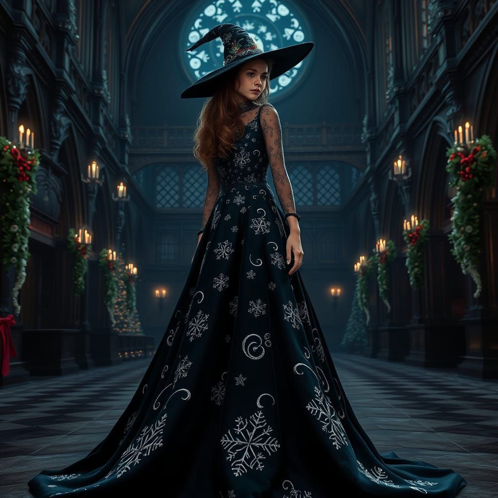 Elegant Young Witch at Hogwarts' Enchanted Yule Ball