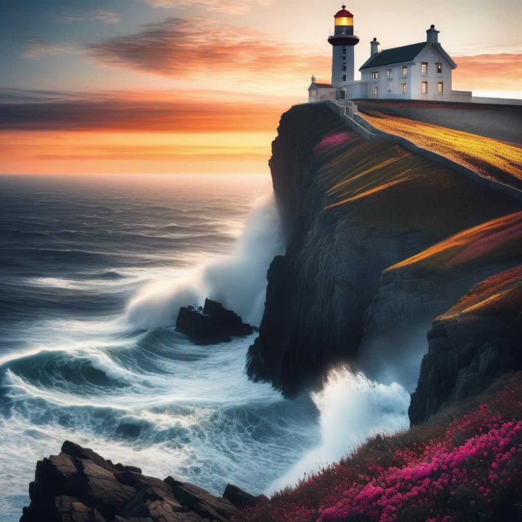 Lighthouse on Flowering Cliff at Sunset