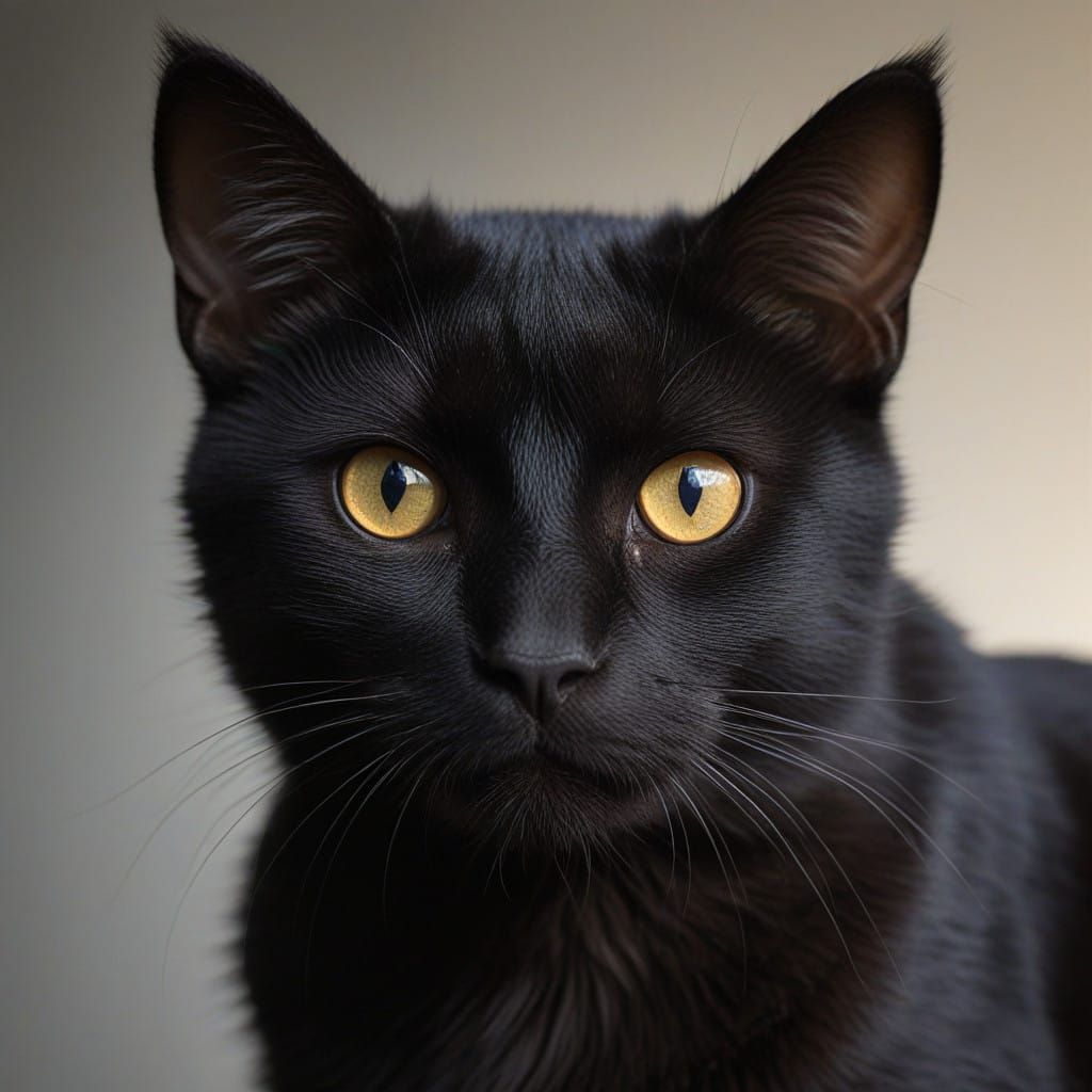 Black Cat with Three Glowing Eyes and Ram Horns