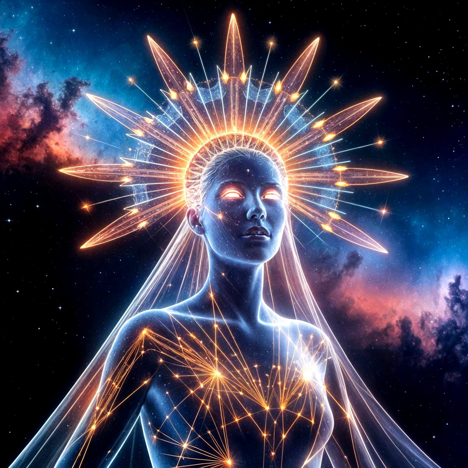 Cosmic Entity Wearing Radiant Light Crown in Deep Space