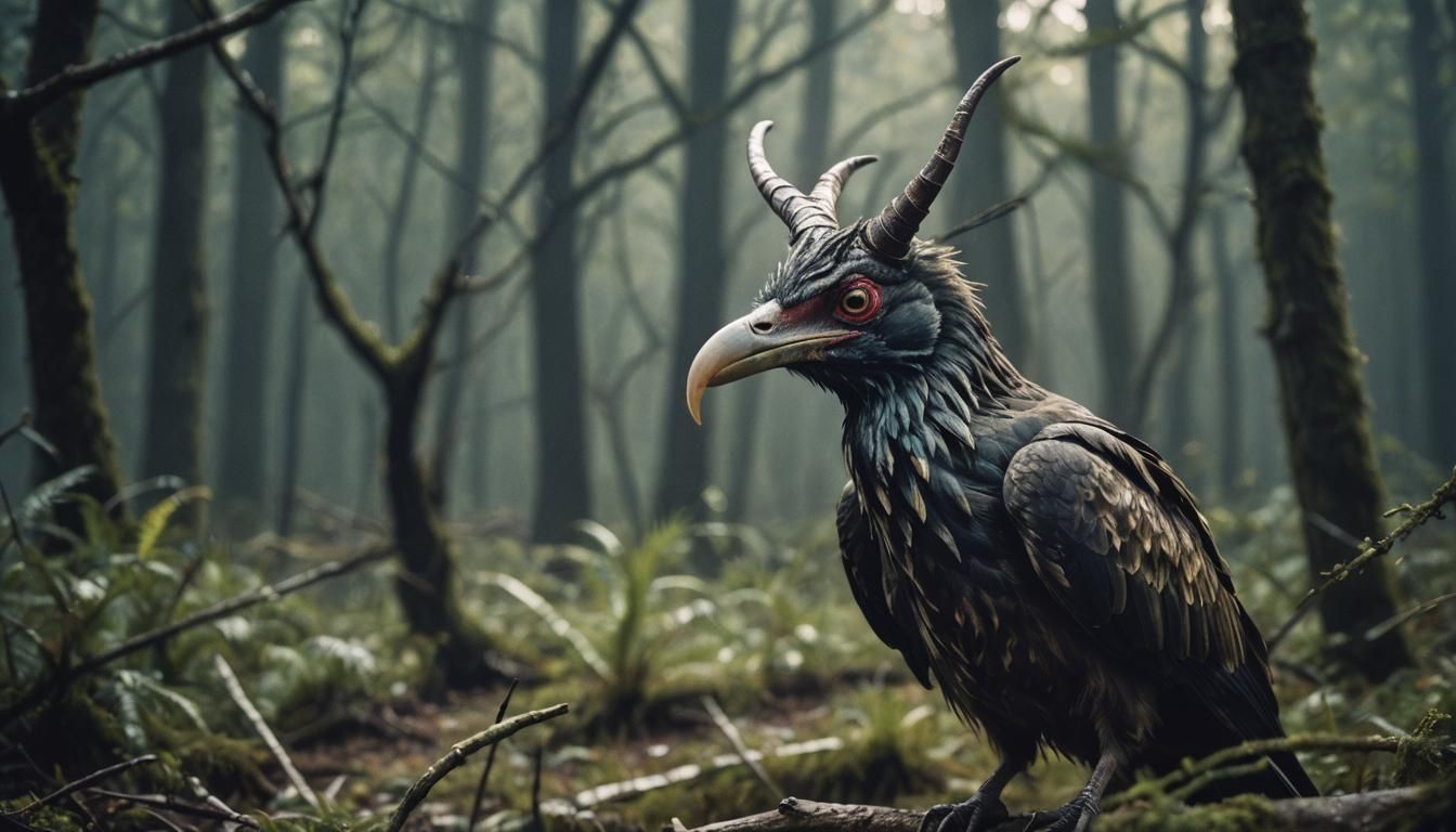 Horror Macrophotography: Bird with Horns and Slimy Feathers