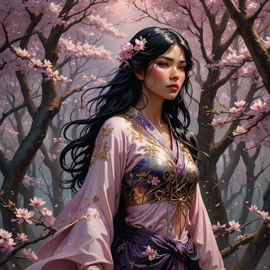 Mystical Forest: Woman Among Cherry Blossoms in Art Nouveau ...