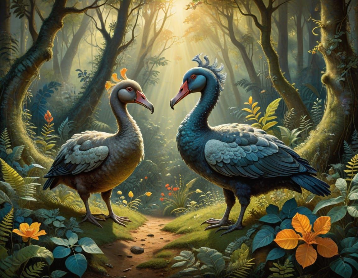 Majestic Dodo Bird Tending to Chirping Chick in Lush Mauriti...