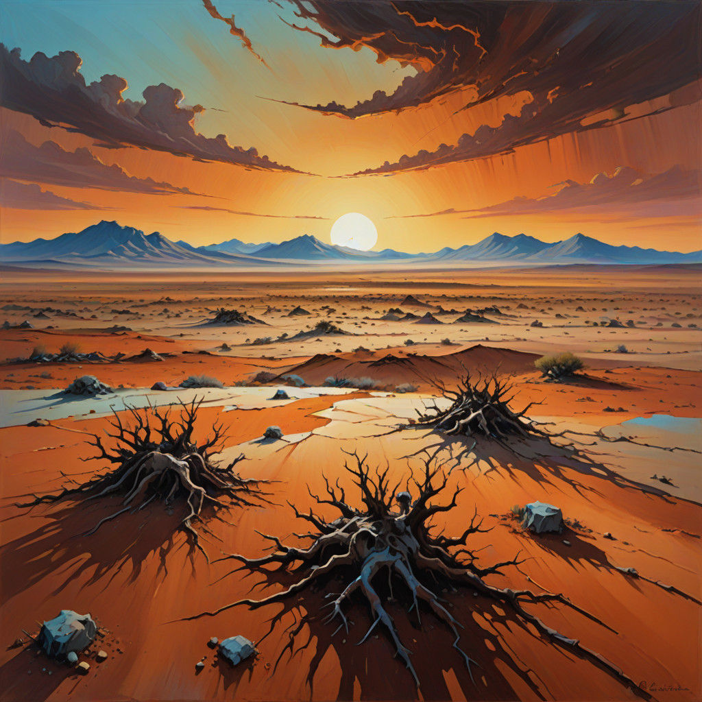 Surreal Desert Oasis Under Surreal Sunset