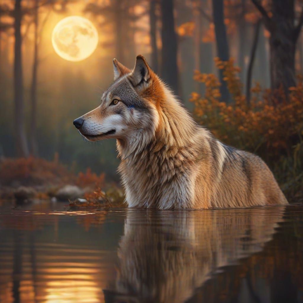 Wolf Portrait in Dreamlike Forest Landscape