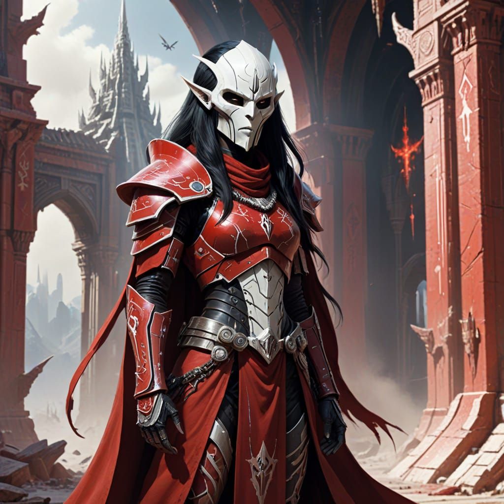 Mysterious Aeldari Warrior Stands Guard in Futuristic Temple
