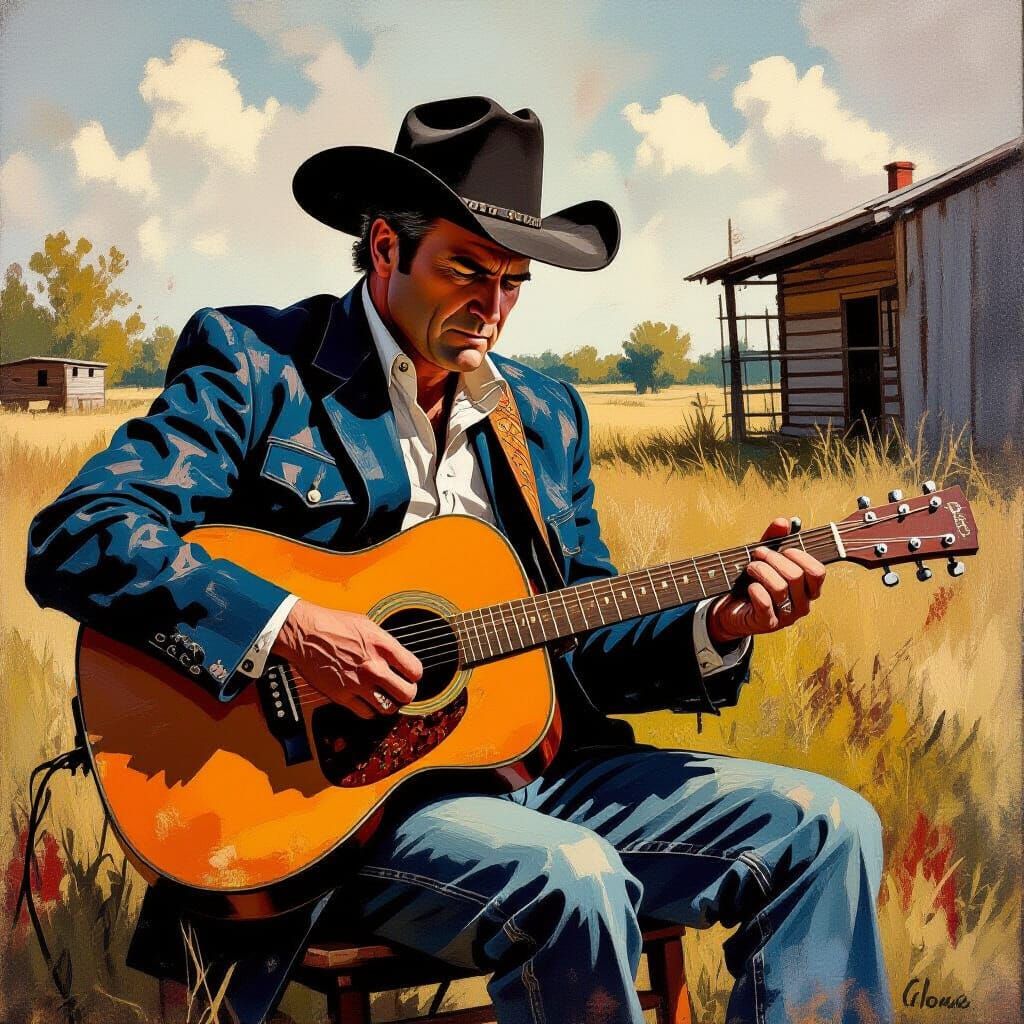 Johnny Cash at Prison Camp, Guitarist in Rustic Realism