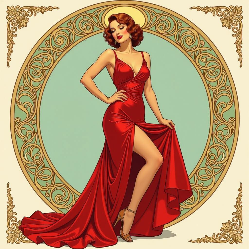 Elegant Woman in Red Gown, Vintage Pin-Up Style