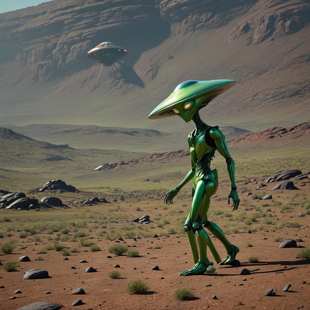 Green Alien Emerges from UFO in Pixar Style