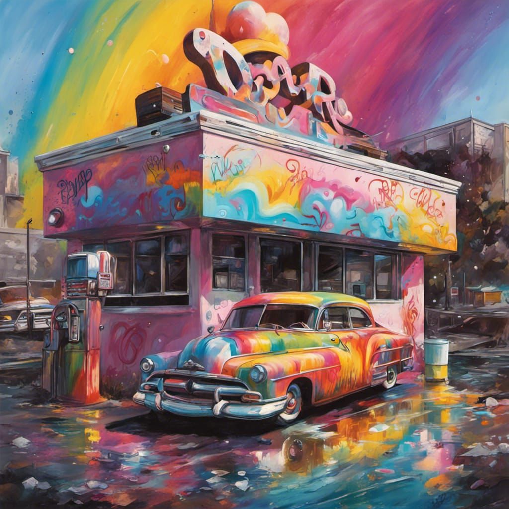 1950s Diner with Rainbows in Graffiti Art Style
