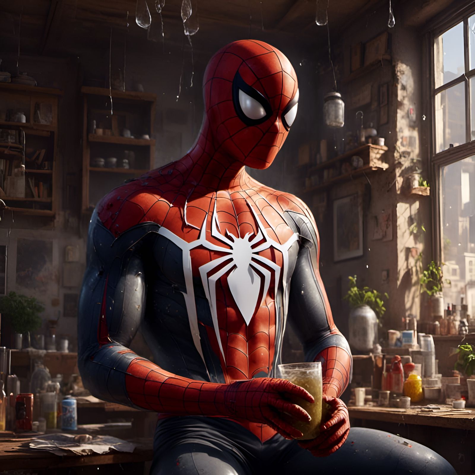 Spiderman Enjoys Boba Tea in Animated Portrait