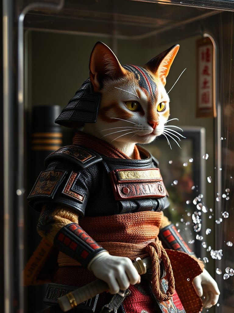 Hyperrealistic Samurai Cat Action Figure in Vibrant Packagin...