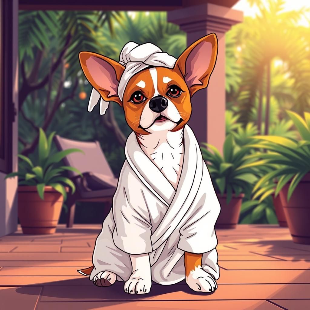 A Jack Russell Dog in a spa robe, ready for a day of relaxat...
