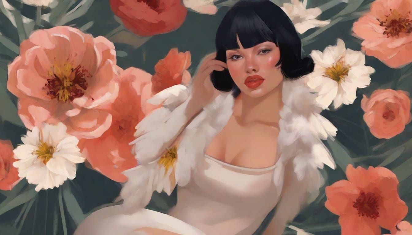 Striking Portrait of Woman with Red Lipstick, Digital Illust...