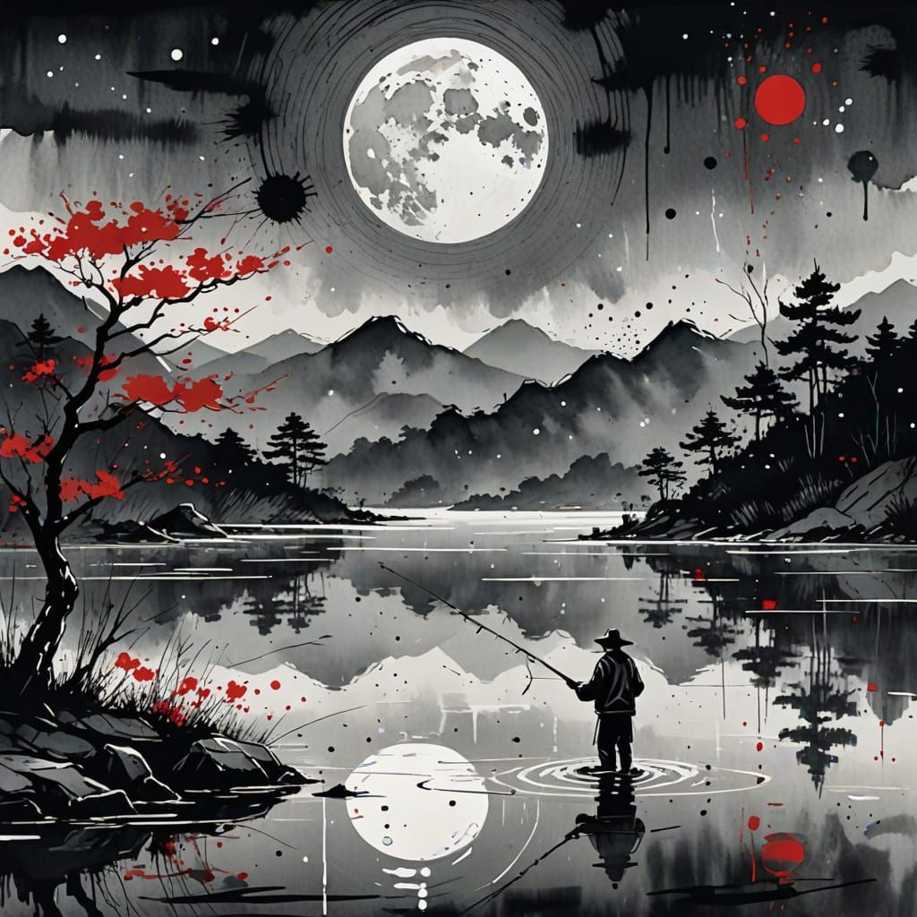 Korean Ink Illustration: Fisherman by Moonlight