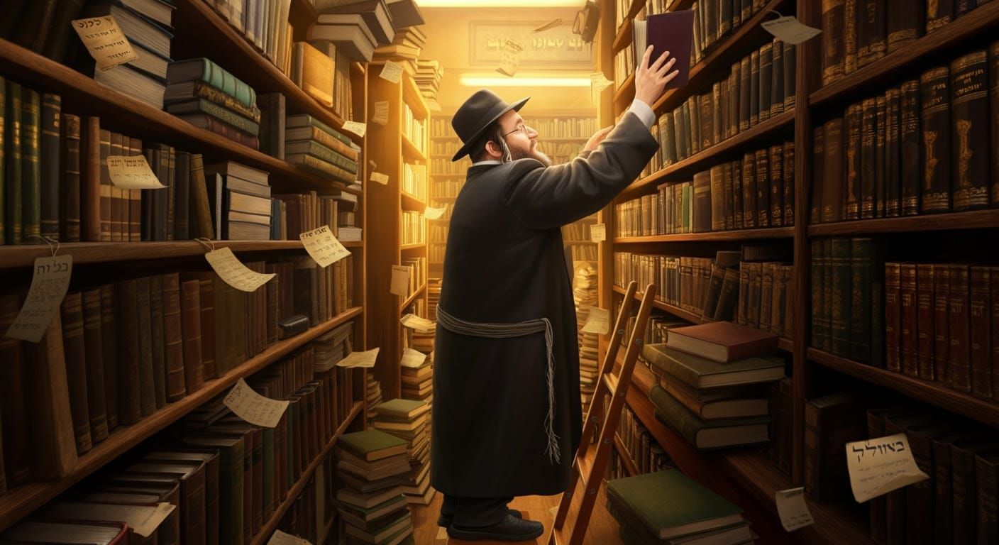 Illustrated Hasidic Man Searches for Sefer in Traditional Je...