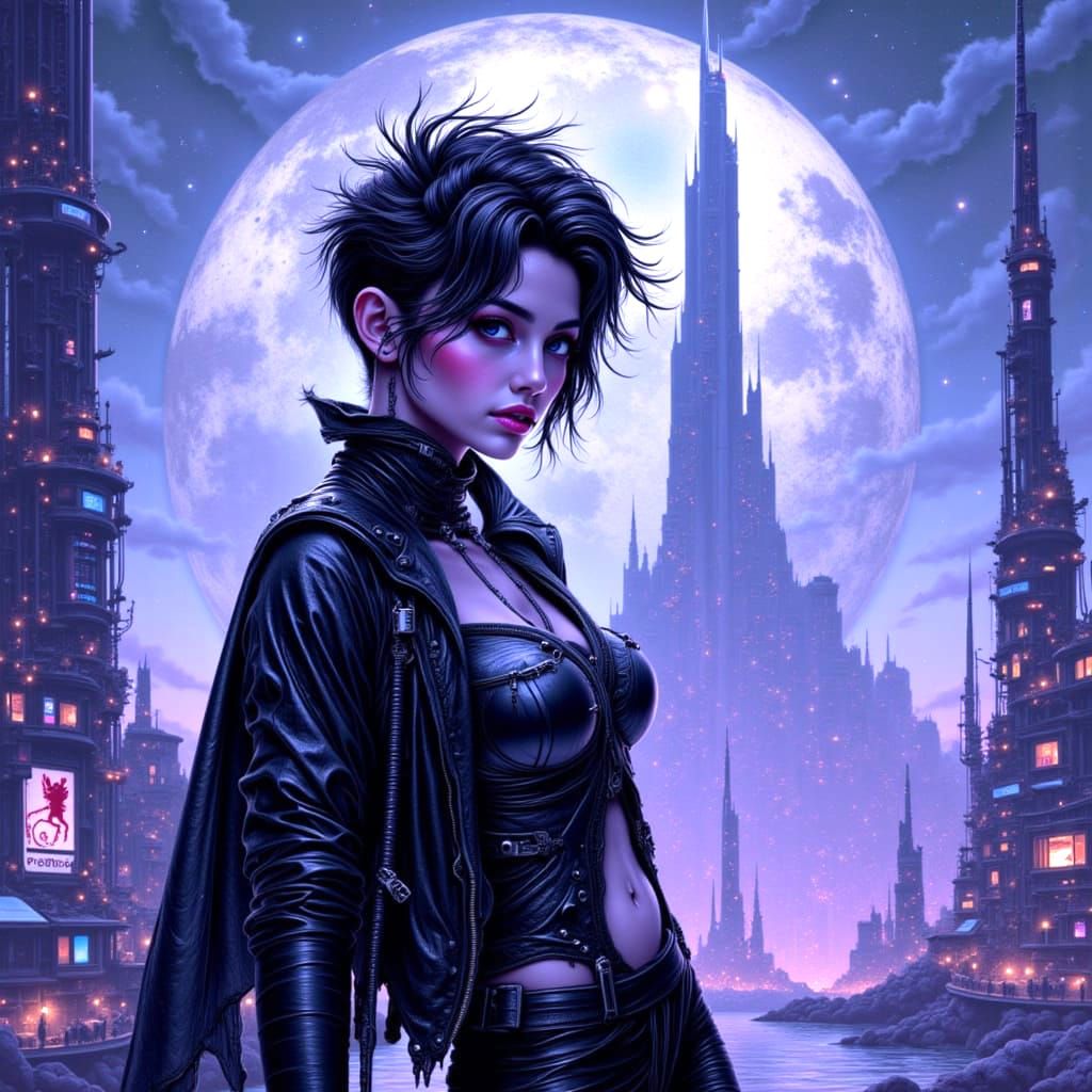 Cyberpunk Woman in Lunar Cityscape