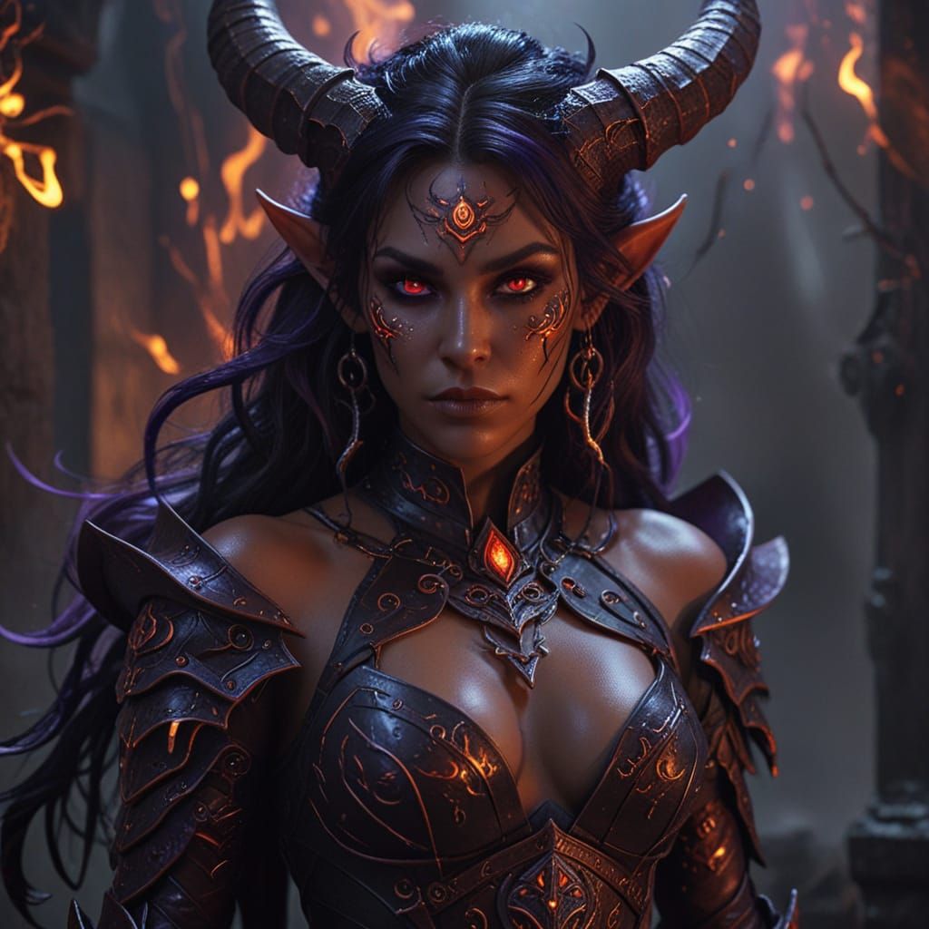 Ethereal Tiefling Warlock in Mysterious Smoky Atmosphere