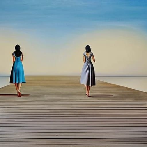 Surrealist Women Walk on Boardwalk, Dali Style