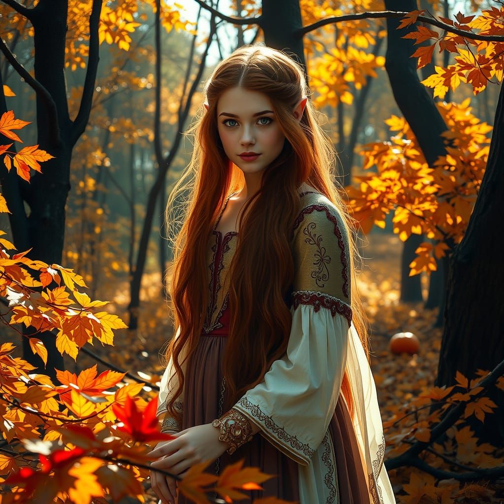 17-year-old elven girl. She has long red hair and hazel eyes...
