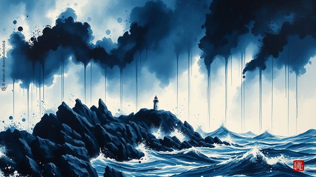 Stormy Ocean Lighthouse in Chinese Ink Splatter Art