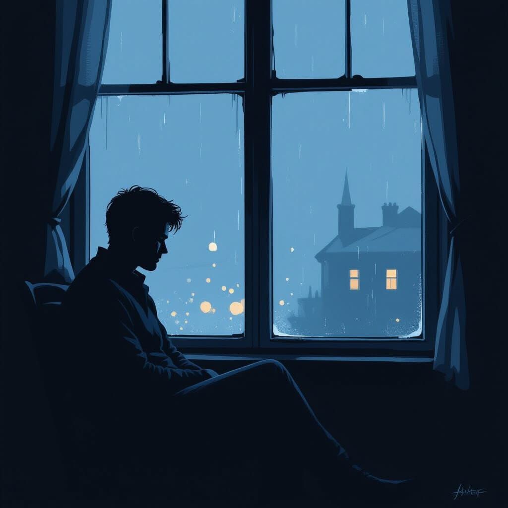 Eerie Silhouette: Man in Window at Night