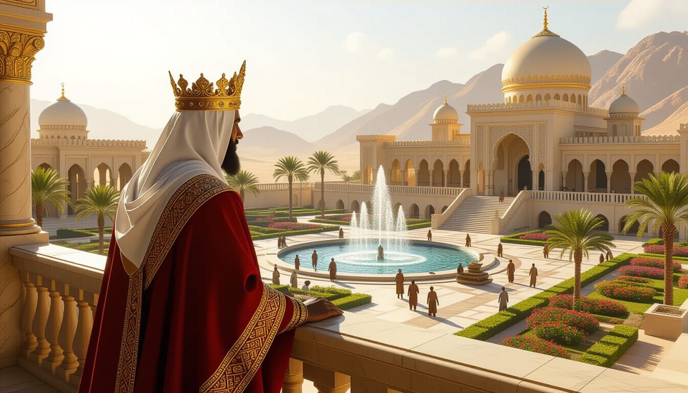 Majestic Arabian King Overseeing Palace Garden Construction