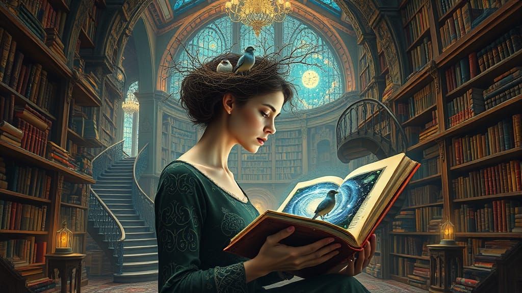 Ethereal Woman in Impossible Library, Blending Art Styles