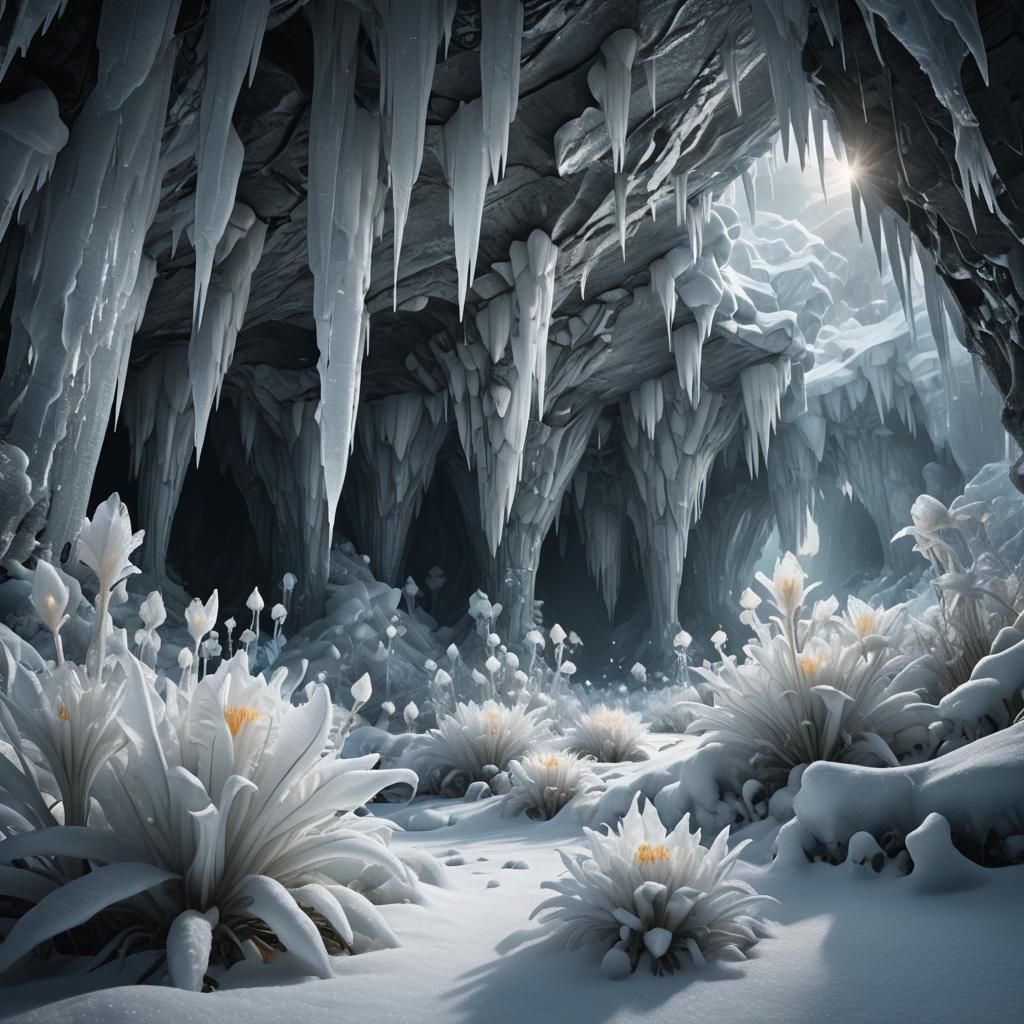 Glowing Frost Flowers in Snowy Cave: Digital Painting