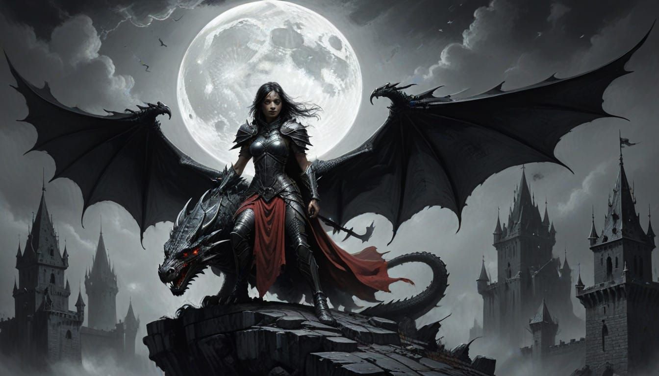 Medieval Fantasy Warrior Queen Soars on Dragon