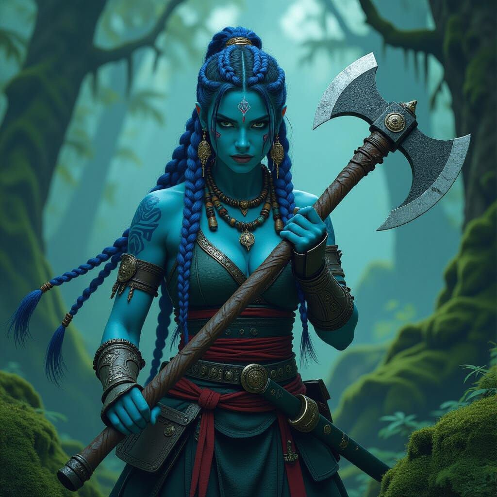 Blue-Skinned Warrior in Forest with Katana Axe