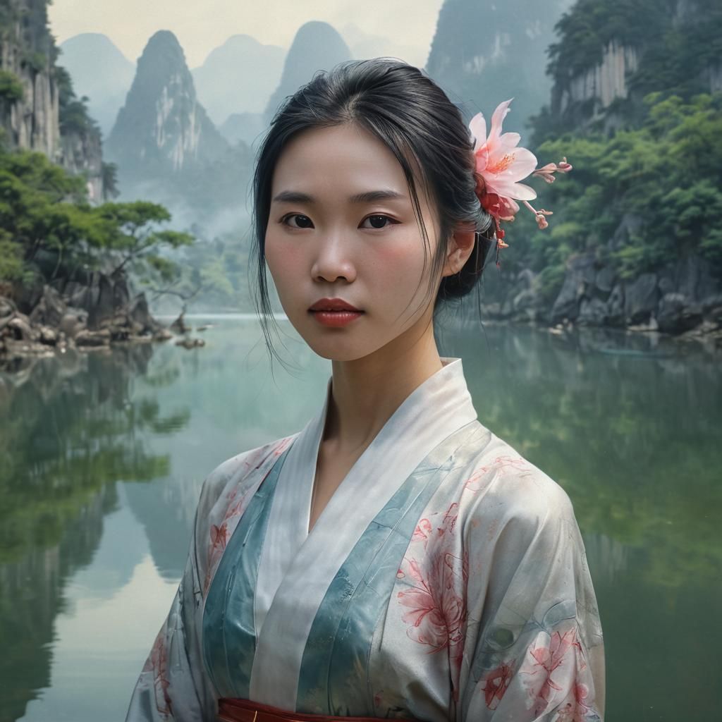Ethereal Asian Beauty in Dreamlike Guilin Landscape