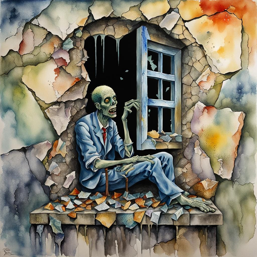 Zombie on Stone Wall in Surrealist Watercolour Style