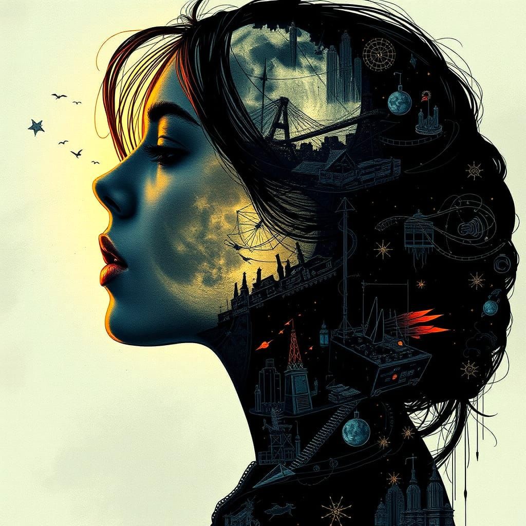 Woman's Profile with Moon Silhouette, Double Exposure