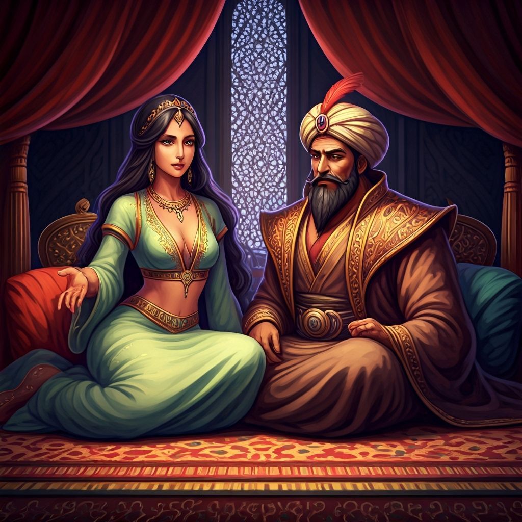 Princess Sherezade Telling a Tale in Watercolor Style