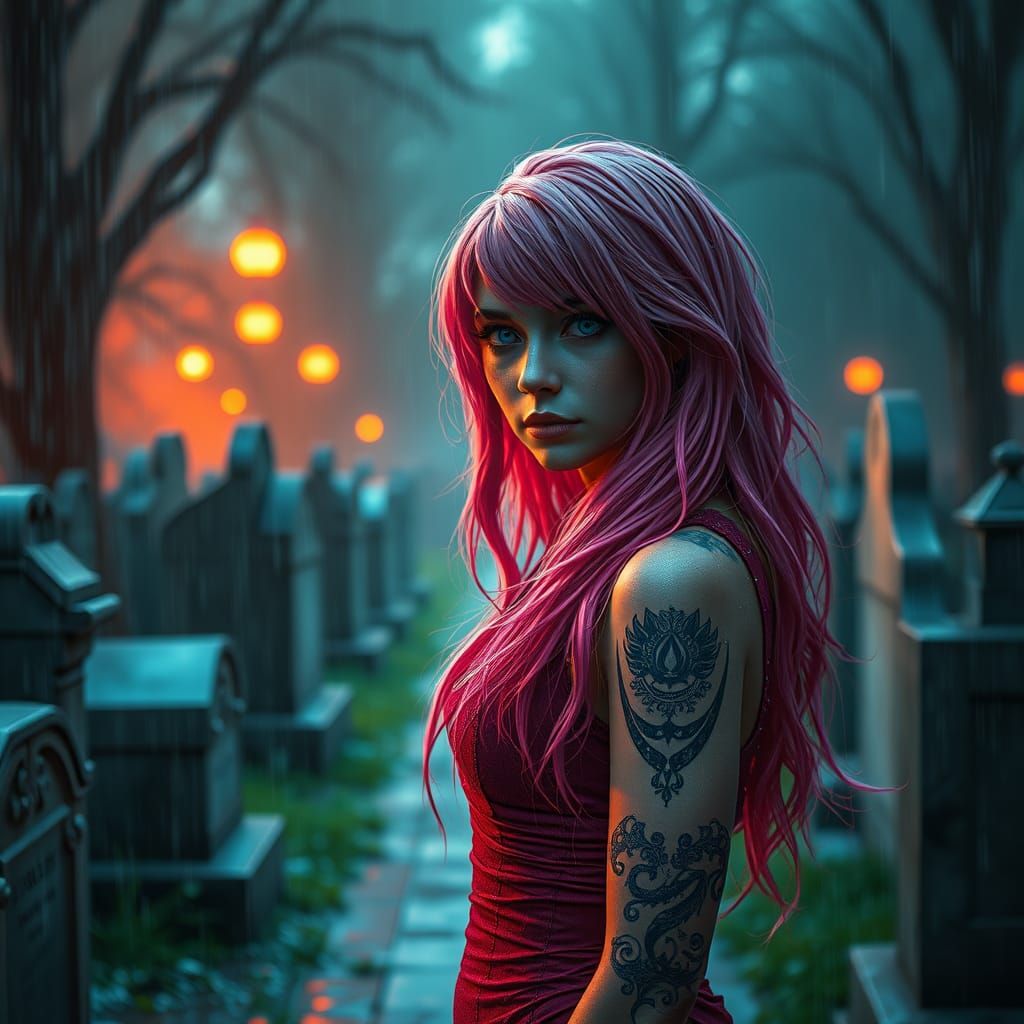 Ethereal Gothic Goddess in Cemetery Twilight