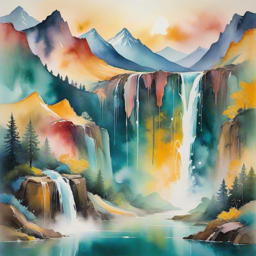 Ethereal Watercolor Mountainscape with Waterfalls and Dreamy...