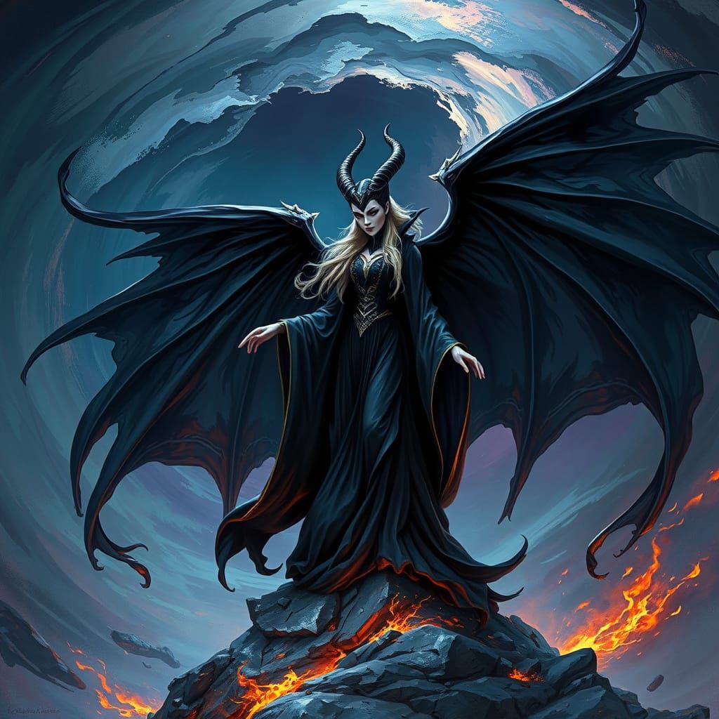 Regal Blond Maleficent in Dramatic, Dark Fantasy Scene
