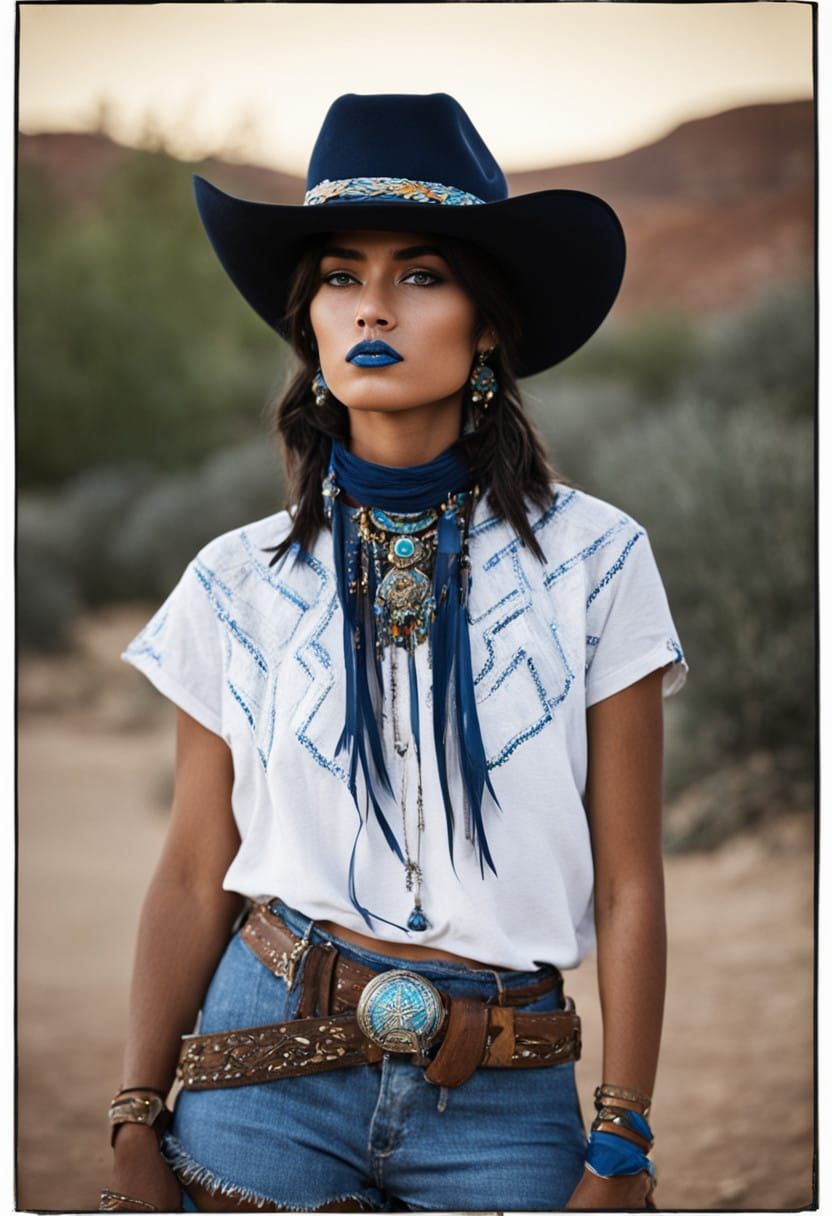 Cowgirl Sheriff in the Desert with Feathered Headdress and W...