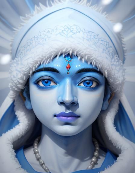 Blue-Faced Krishna in Snow Town: Charcoal Drawing