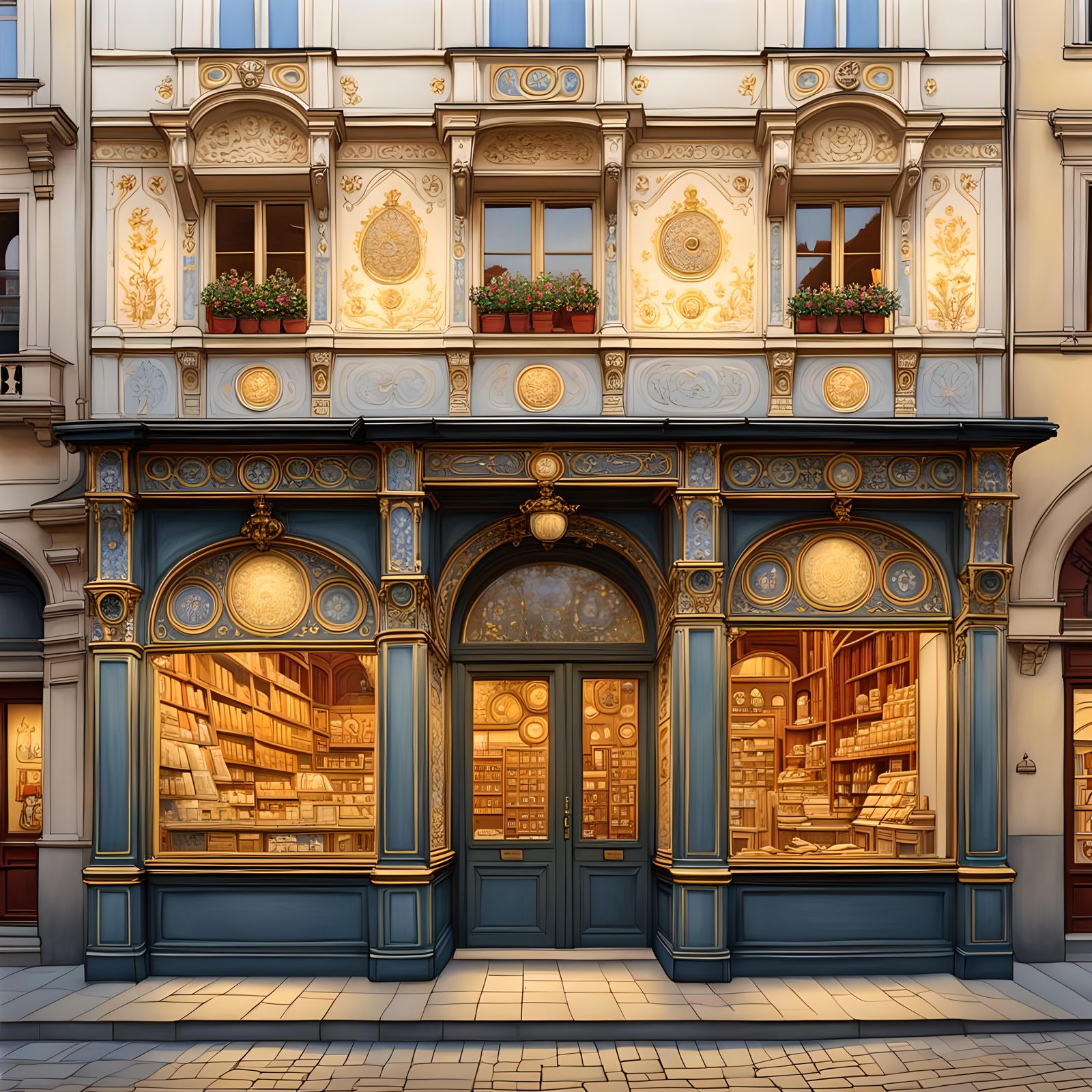 Medieval Shop Facade in Vienna, Gouache Painting Style