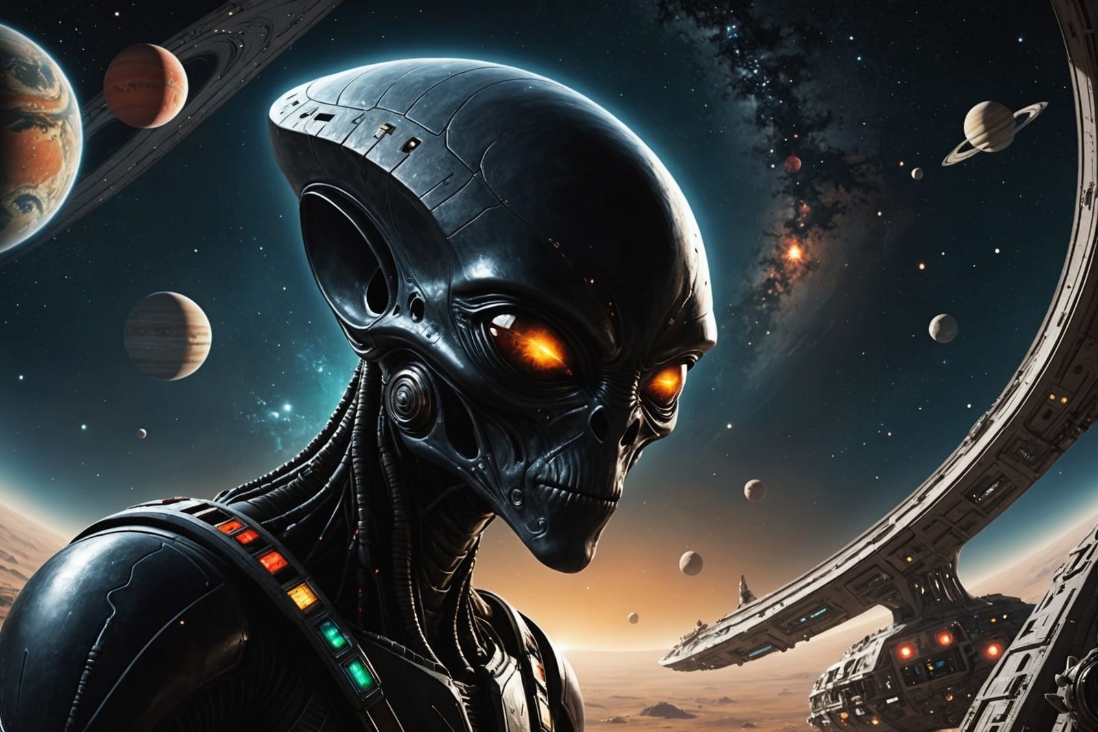 Alien Observes Planets from Spaceship