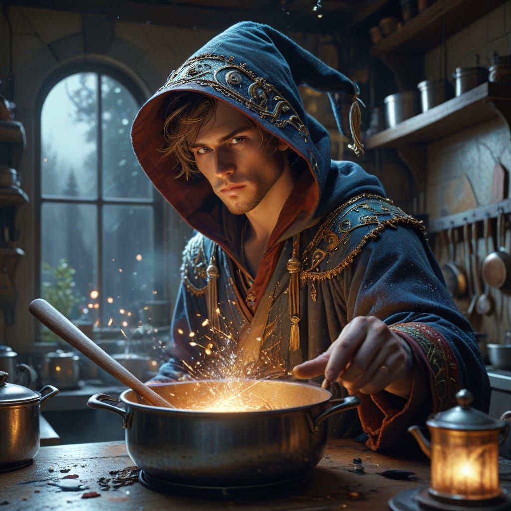 Wizard Apprentice Cleans Kitchen with Magic